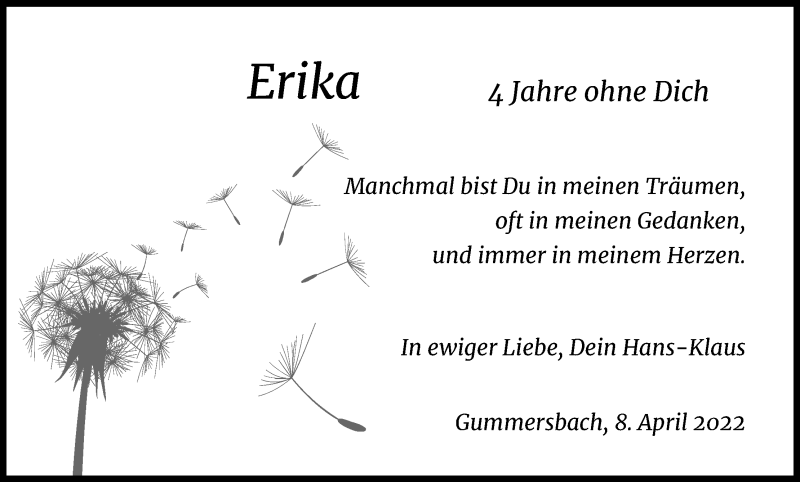  Traueranzeige für Erika  vom 08.04.2022 aus Kölner Stadt-Anzeiger / Kölnische Rundschau / Express