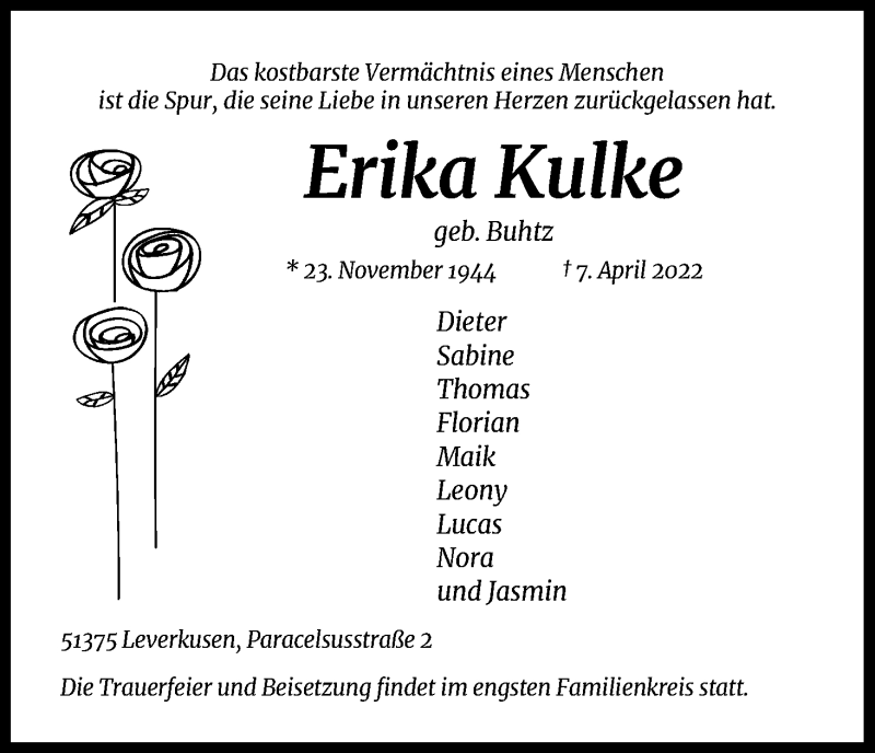  Traueranzeige für Erika Kulke vom 16.04.2022 aus Kölner Stadt-Anzeiger / Kölnische Rundschau / Express