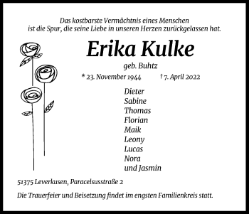 Anzeige von Erika Kulke von Kölner Stadt-Anzeiger / Kölnische Rundschau / Express