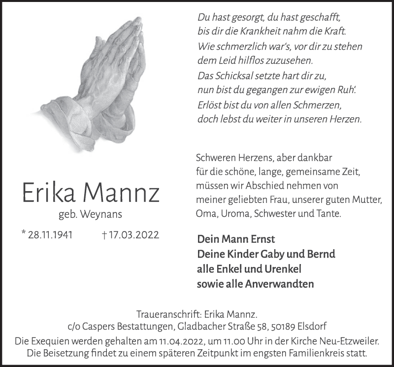  Traueranzeige für Erika Mannz vom 08.04.2022 aus  Werbepost 