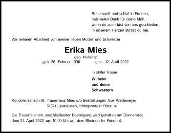 Anzeige von Erika Mies von Kölner Stadt-Anzeiger / Kölnische Rundschau / Express