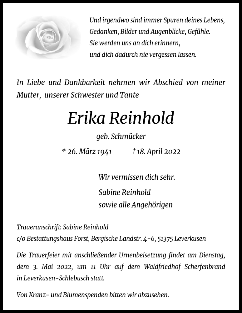 Traueranzeige für Erika Reinhold vom 30.04.2022 aus Kölner Stadt-Anzeiger / Kölnische Rundschau / Express