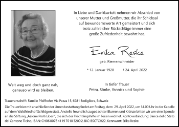 Anzeige von Erika Reske von Kölner Stadt-Anzeiger / Kölnische Rundschau / Express