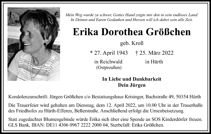  Traueranzeige für Erika Dorothea Größchen vom 09.04.2022 aus Kölner Stadt-Anzeiger / Kölnische Rundschau / Express
