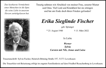 Anzeige von Erika Sieglinde Fischer von Kölner Stadt-Anzeiger / Kölnische Rundschau / Express