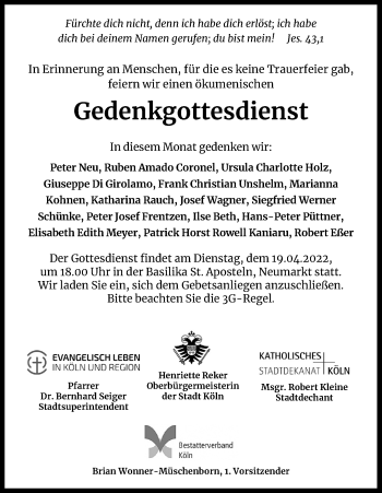 Anzeige von Erinnerung an Menschen  von Kölner Stadt-Anzeiger / Kölnische Rundschau / Express