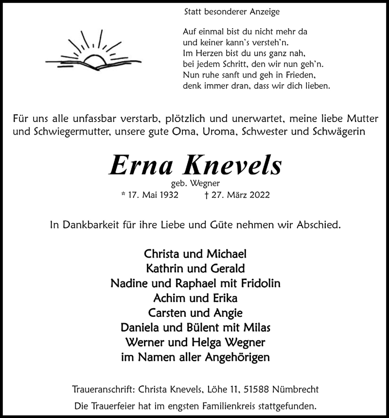  Traueranzeige für Erna Knevels vom 08.04.2022 aus  Lokalanzeiger 