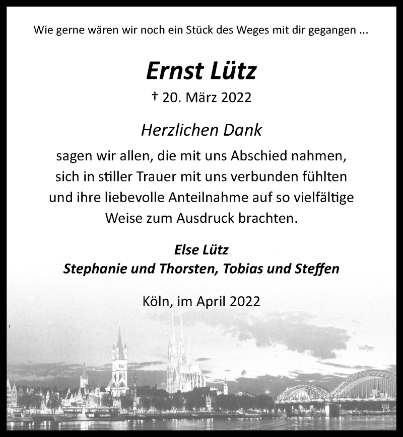  Traueranzeige für Ernst Lütz vom 14.04.2022 aus  EXPRESS - Die Woche 