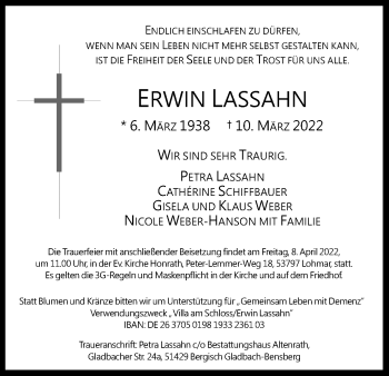 Anzeige von Erwin Lassahn von Kölner Stadt-Anzeiger / Kölnische Rundschau / Express