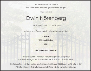 Anzeige von Erwin Nörenberg von Kölner Stadt-Anzeiger / Kölnische Rundschau / Express