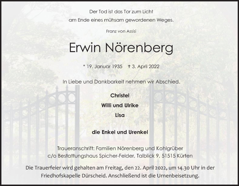  Traueranzeige für Erwin Nörenberg vom 09.04.2022 aus Kölner Stadt-Anzeiger / Kölnische Rundschau / Express