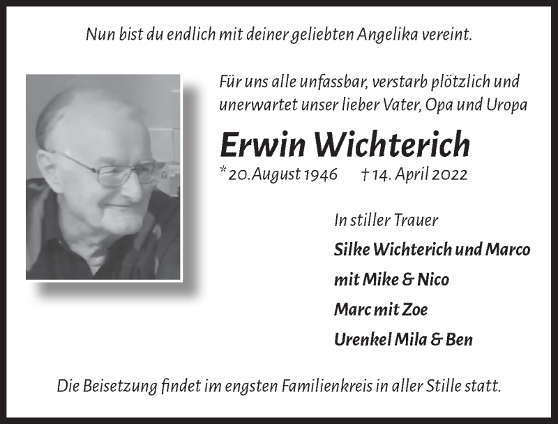  Traueranzeige für Erwin Wichterich vom 29.04.2022 aus  Bergisches Handelsblatt 