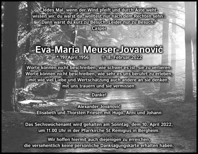  Traueranzeige für Eva-Maria Meuser-Jovanovic vom 02.04.2022 aus Kölner Stadt-Anzeiger / Kölnische Rundschau / Express
