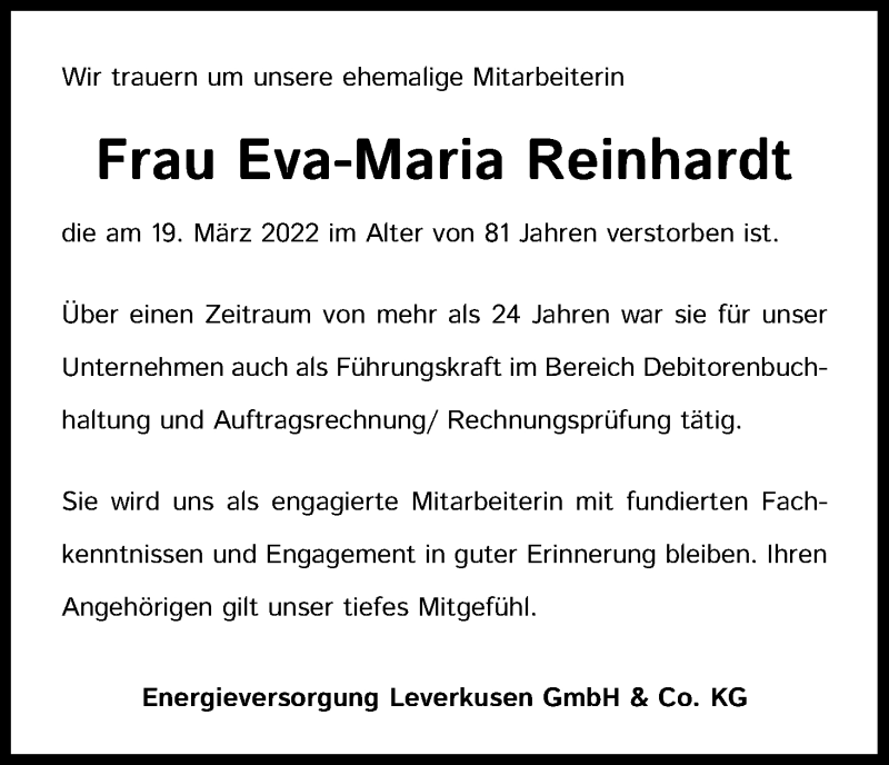  Traueranzeige für Eva-Maria Reinhardt vom 16.04.2022 aus Kölner Stadt-Anzeiger / Kölnische Rundschau / Express
