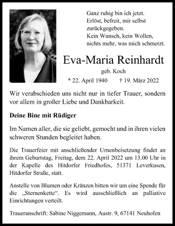 Anzeige von Eva-Maria Reinhardt von Kölner Stadt-Anzeiger / Kölnische Rundschau / Express