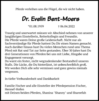 Anzeige von Evelin Bent-Moers von Kölner Stadt-Anzeiger / Kölnische Rundschau / Express