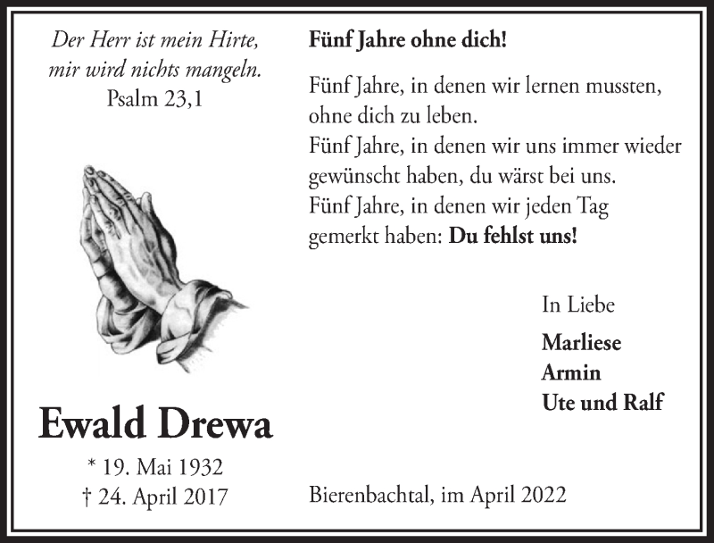  Traueranzeige für Ewald Drewa vom 22.04.2022 aus  Anzeigen Echo  Lokalanzeiger 