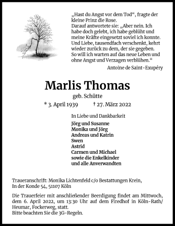 Anzeige von Marlis Thomas von Kölner Stadt-Anzeiger / Kölnische Rundschau / Express
