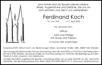 Anzeige von Ferdinand Koch von Kölner Stadt-Anzeiger / Kölnische Rundschau / Express
