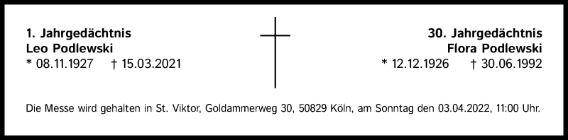  Traueranzeige für Flora Podlewski vom 02.04.2022 aus Kölner Stadt-Anzeiger / Kölnische Rundschau / Express