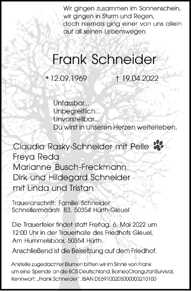  Traueranzeige für Frank Schneider vom 29.04.2022 aus  Wochenende  Schlossbote/Werbekurier 