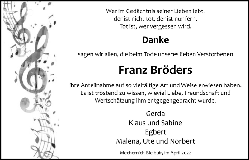  Traueranzeige für Franz Bröders vom 02.04.2022 aus  Blickpunkt Euskirchen 