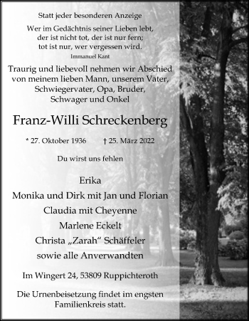 Anzeige von Franz-Willi Schreckenberg von Kölner Stadt-Anzeiger / Kölnische Rundschau / Express
