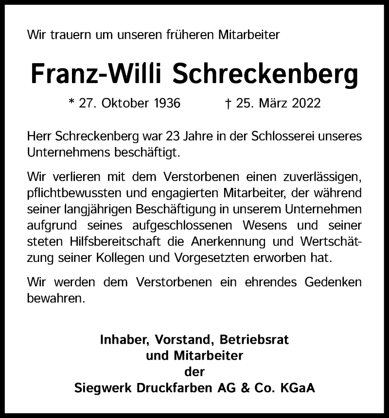  Traueranzeige für Franz-Willi Schreckenberg vom 08.04.2022 aus Kölner Stadt-Anzeiger / Kölnische Rundschau / Express