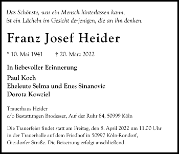 Anzeige von Franz Josef Heider von Kölner Stadt-Anzeiger / Kölnische Rundschau / Express
