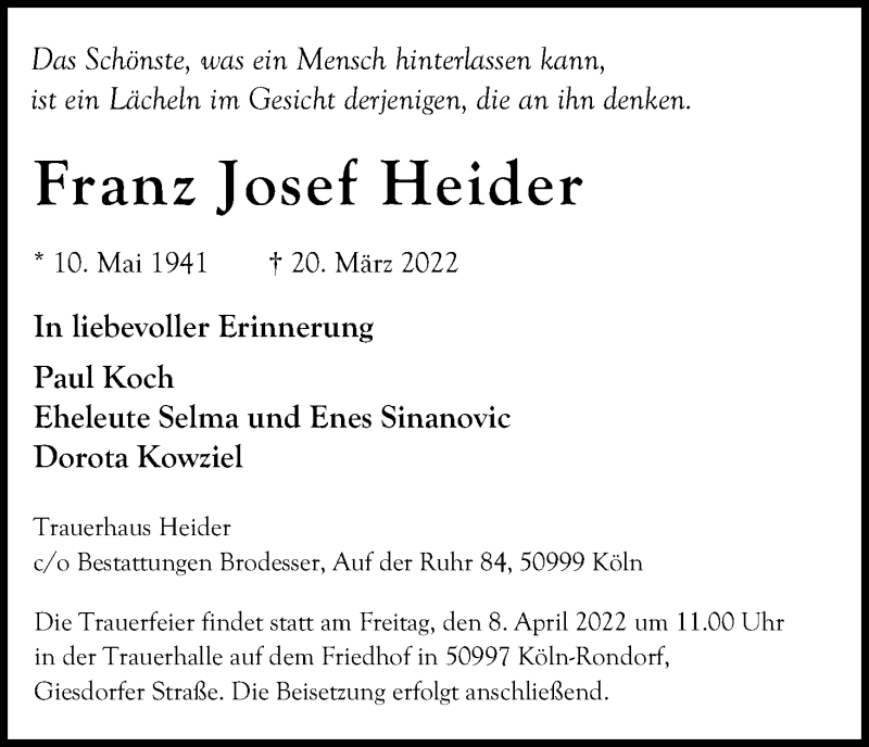  Traueranzeige für Franz Josef Heider vom 02.04.2022 aus Kölner Stadt-Anzeiger / Kölnische Rundschau / Express