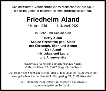 Anzeige von Friedhelm Aland von Kölner Stadt-Anzeiger / Kölnische Rundschau / Express