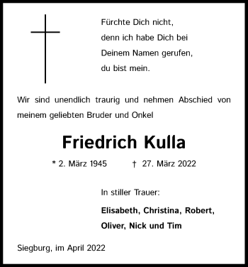 Anzeige von Friedrich Kulla von Kölner Stadt-Anzeiger / Kölnische Rundschau / Express
