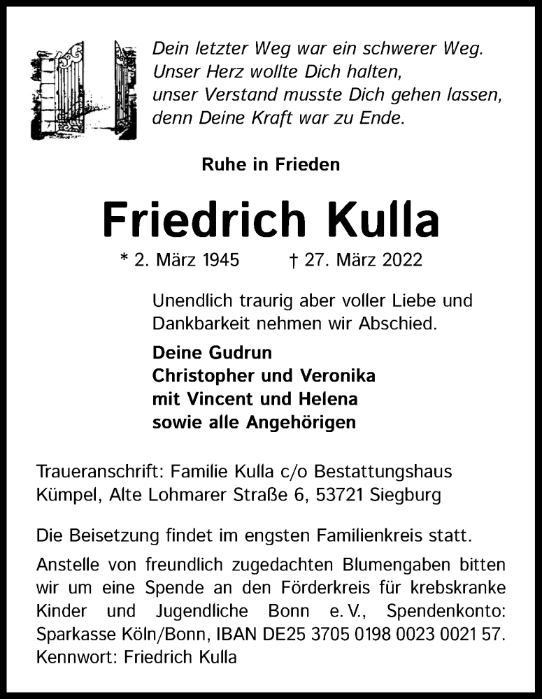  Traueranzeige für Friedrich Kulla vom 23.04.2022 aus Kölner Stadt-Anzeiger / Kölnische Rundschau / Express
