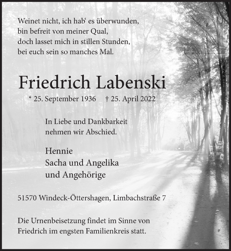  Traueranzeige für Friedrich Labenski vom 29.04.2022 aus  Lokalanzeiger 