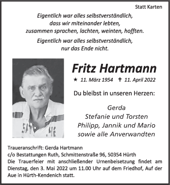 Anzeige von Fritz Hartmann von  Wochenende 