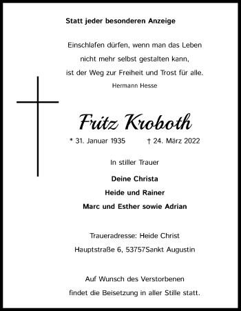 Anzeige von Fritz Kroboth von Kölner Stadt-Anzeiger / Kölnische Rundschau / Express