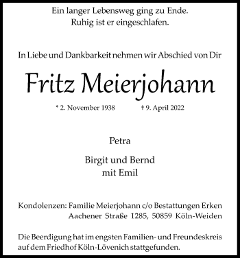 Anzeige von Fritz Meierjohann von Kölner Stadt-Anzeiger / Kölnische Rundschau / Express