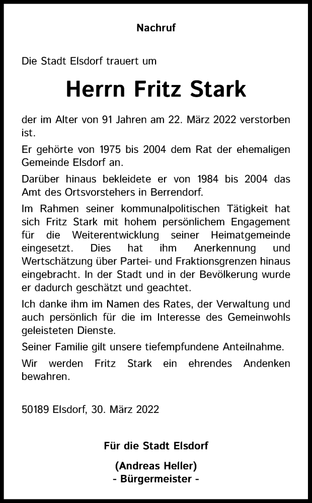  Traueranzeige für Fritz Stark vom 09.04.2022 aus Kölner Stadt-Anzeiger / Kölnische Rundschau / Express