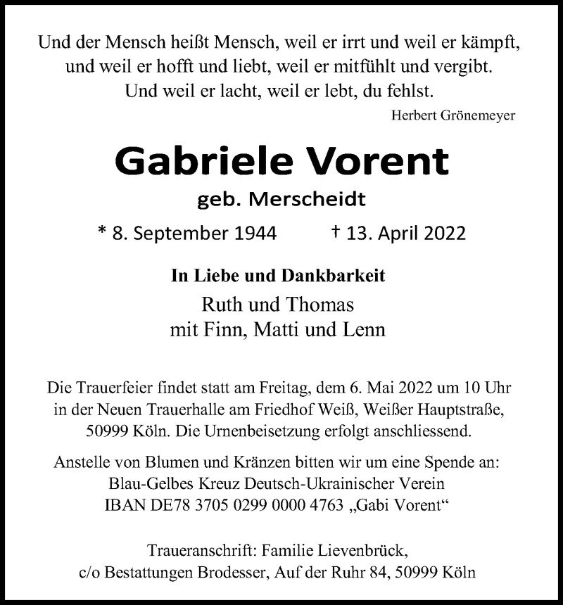  Traueranzeige für Gabriele Vorent vom 30.04.2022 aus Kölner Stadt-Anzeiger / Kölnische Rundschau / Express