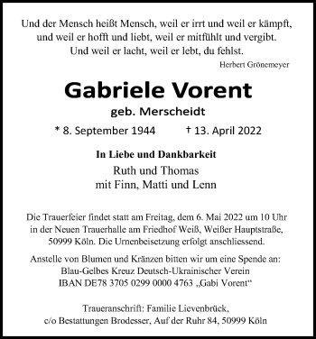Anzeige von Gabriele Vorent von Kölner Stadt-Anzeiger / Kölnische Rundschau / Express