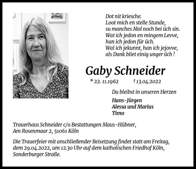  Traueranzeige für Gaby Schneider vom 23.04.2022 aus Kölner Stadt-Anzeiger / Kölnische Rundschau / Express