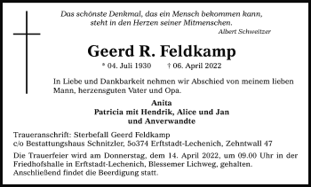 Anzeige von Geerd R. Feldkamp von Kölner Stadt-Anzeiger / Kölnische Rundschau / Express