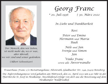 Anzeige von Georg Franc von Kölner Stadt-Anzeiger / Kölnische Rundschau / Express