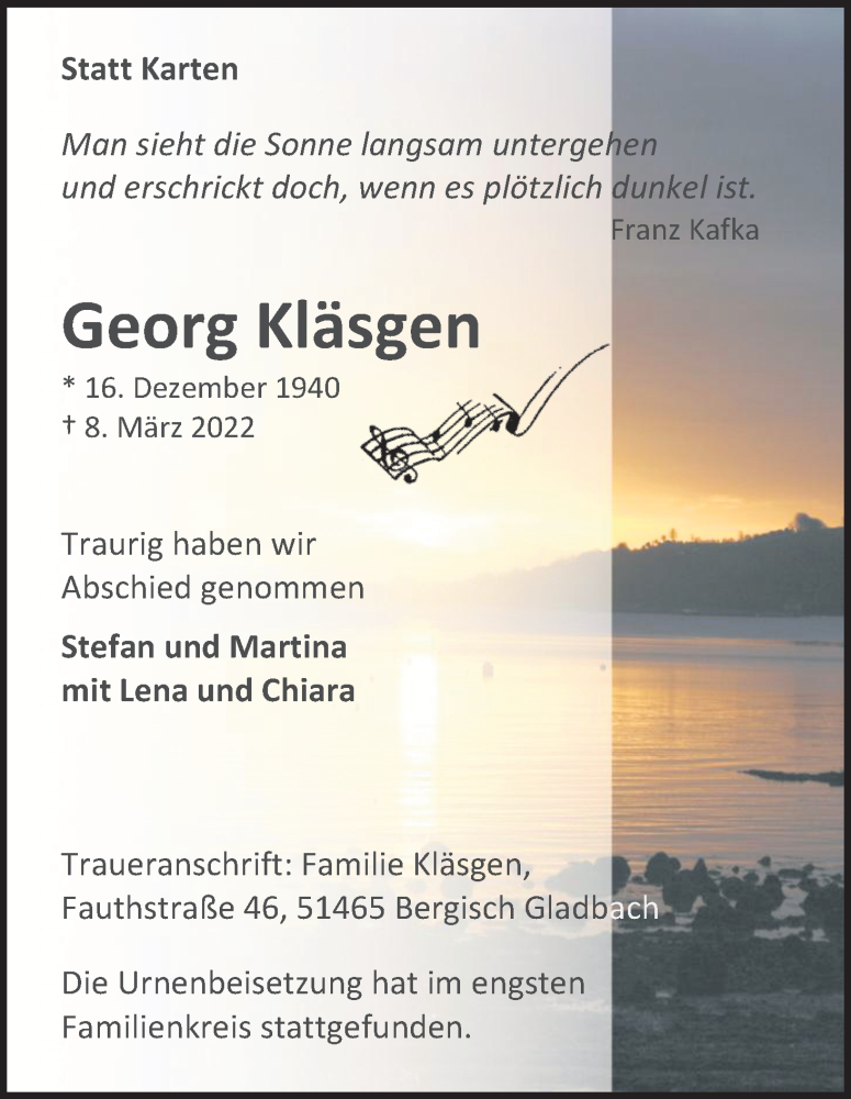  Traueranzeige für Georg Kläsgen vom 02.04.2022 aus Kölner Stadt-Anzeiger / Kölnische Rundschau / Express