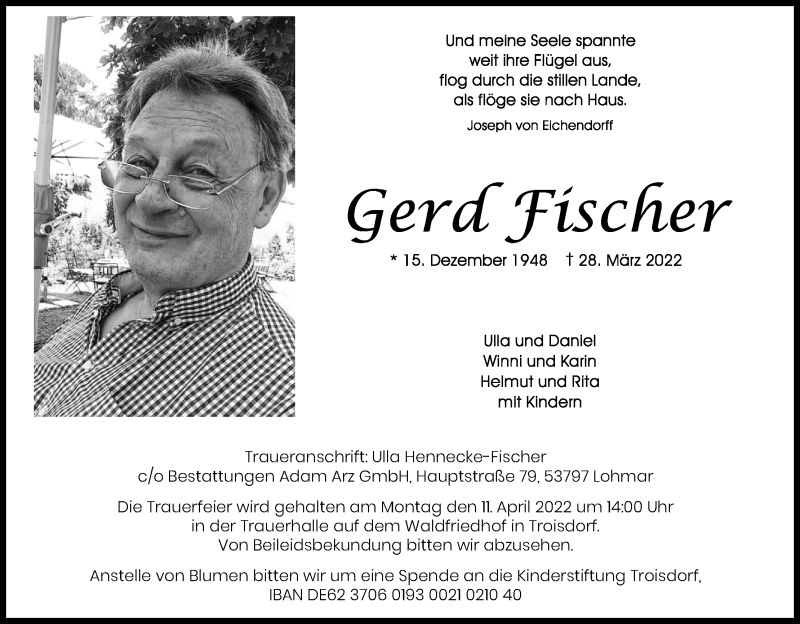  Traueranzeige für Gerd Fischer vom 02.04.2022 aus Kölner Stadt-Anzeiger / Kölnische Rundschau / Express