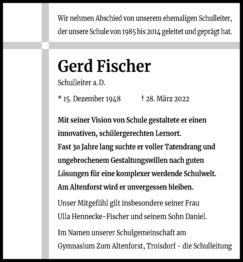  Traueranzeige für Gerd Fischer vom 09.04.2022 aus Kölner Stadt-Anzeiger / Kölnische Rundschau / Express