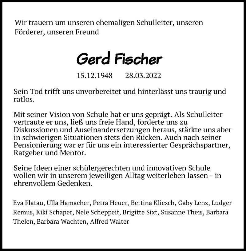  Traueranzeige für Gerd Fischer vom 02.04.2022 aus Kölner Stadt-Anzeiger / Kölnische Rundschau / Express