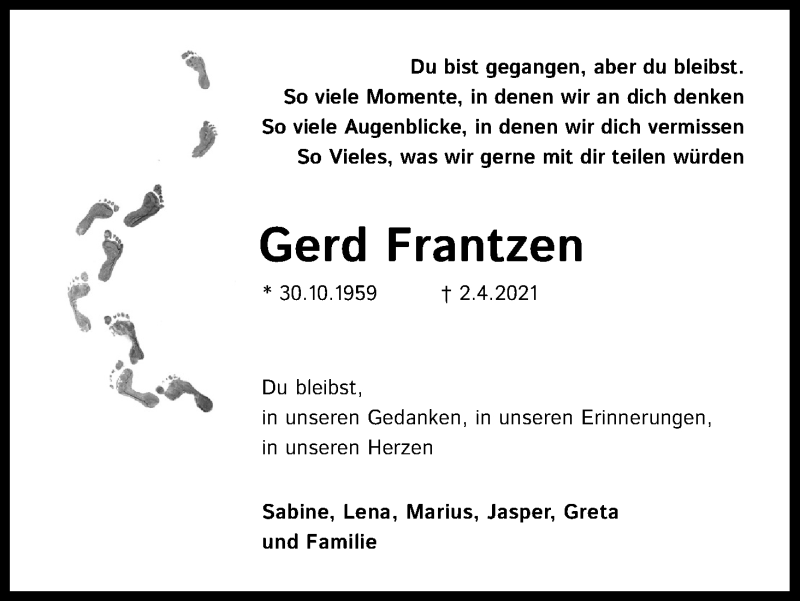  Traueranzeige für Gerd Frantzen vom 02.04.2022 aus Kölner Stadt-Anzeiger / Kölnische Rundschau / Express
