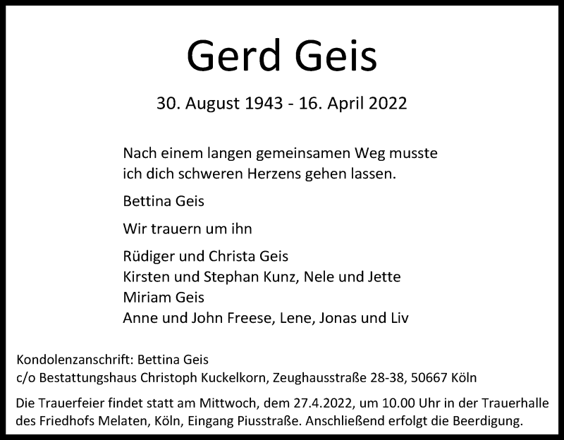  Traueranzeige für Gerd Geis vom 23.04.2022 aus Kölner Stadt-Anzeiger / Kölnische Rundschau / Express
