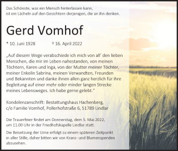 Anzeige von Gerd Vomhof von Kölner Stadt-Anzeiger / Kölnische Rundschau / Express